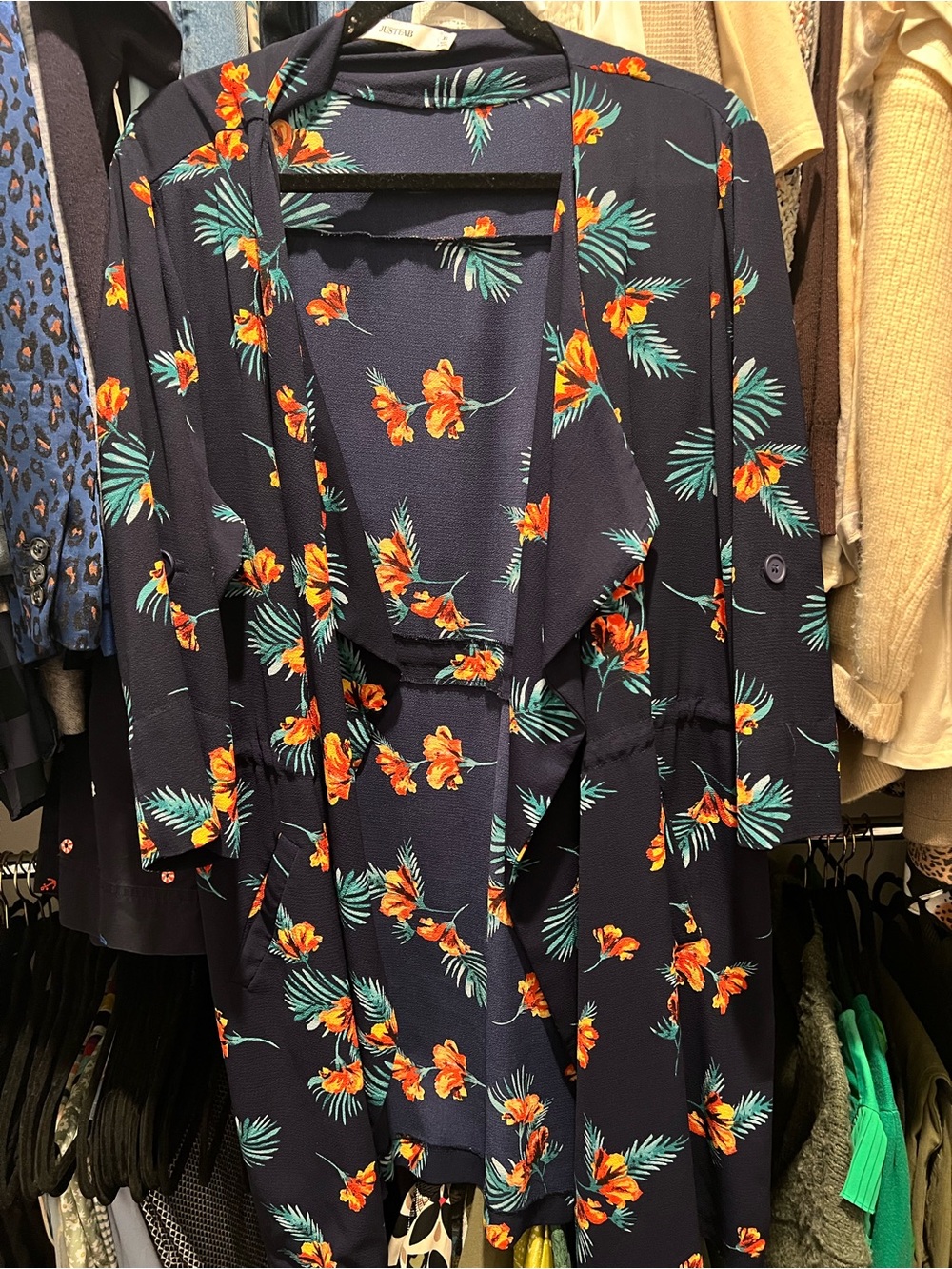 JustFab Navy Tropical Print Open Cardigan